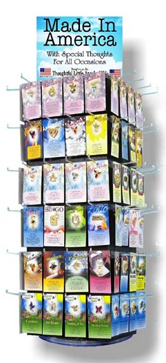 Pictured is our 96 Style 4 pcs Deep Counter Top Display showing 6 rows of cards by four cards wide. A colorful graphics header sign is on top of the display. This display uses only one square foot of space.